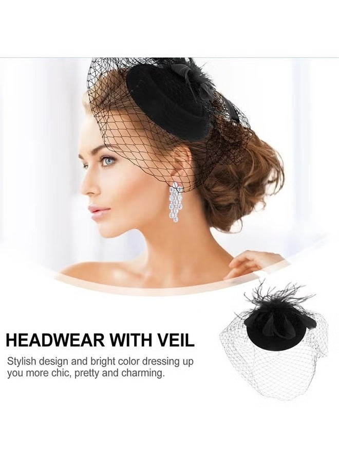 HY 20s 50s Hat, Mesh Ribbons Feathers on a Headband and a Clip Tea Party Headwear, Tea Party Headwear with Veil for Girls and Women (Black) - Image 3